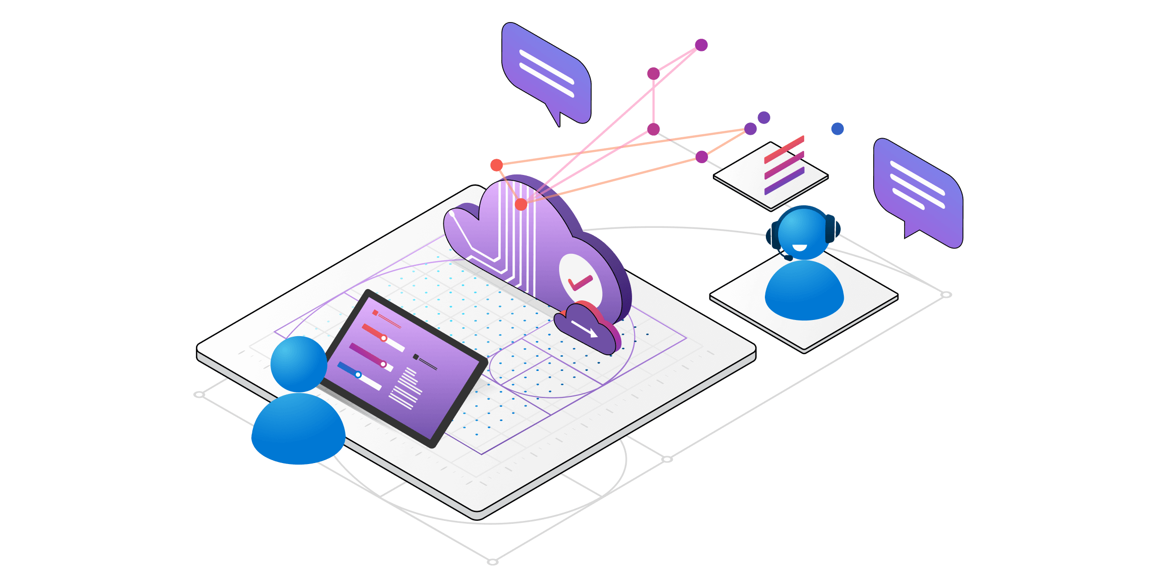 Eine isometrische Illustration technischer Komponenten für Customer Service-Dienste.